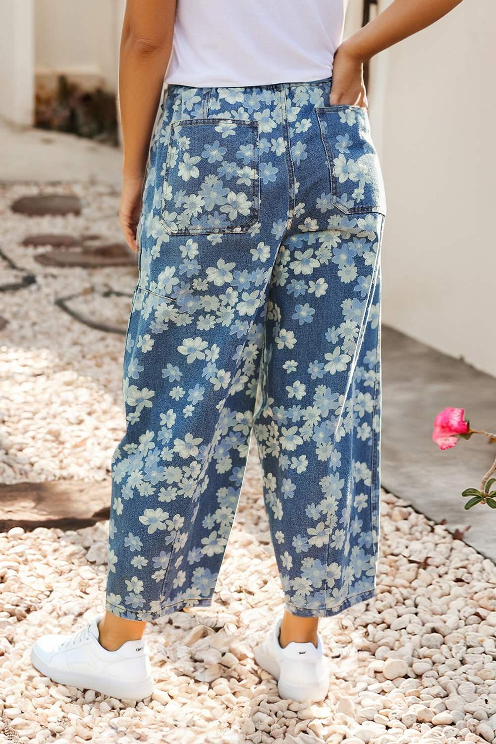 LDC Dainty Floral Print Seam Detail Drawstring Barrel Jeans