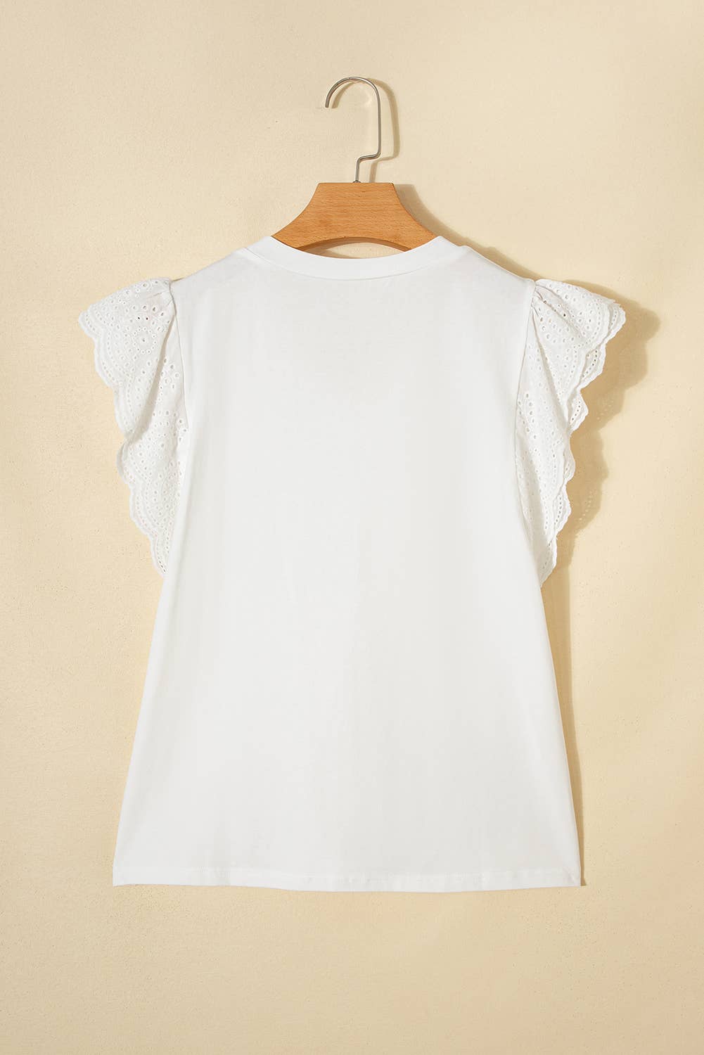 Eyelet Embroidered Flutter Sleeve Patchwork V Neck Tee|S-4X