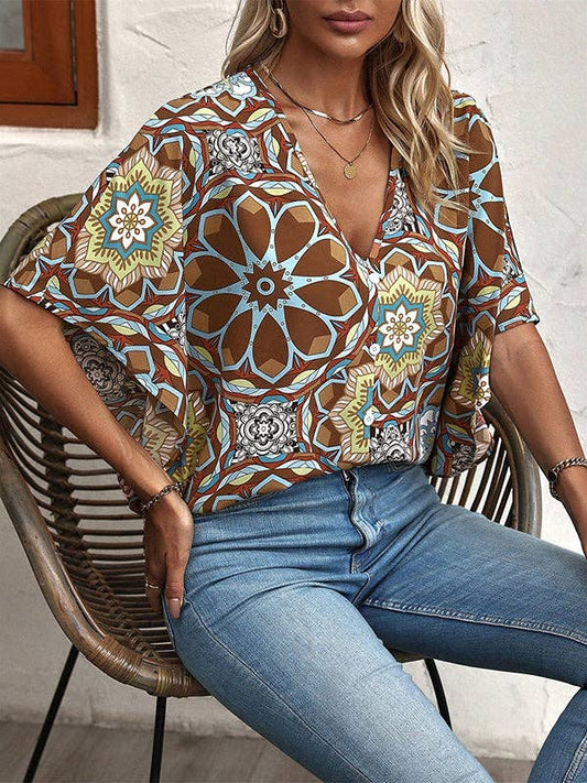 Batwing Sleeves Loose Buttoned Flower Print V-Neck Blouses&Shirts Tops