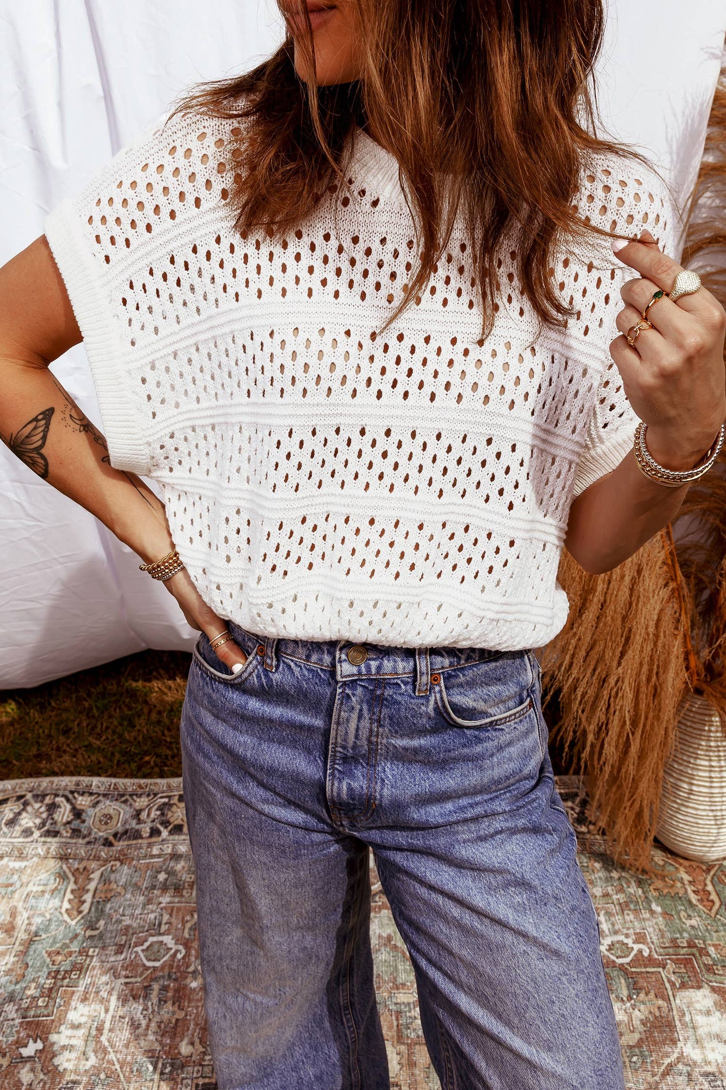 LDC Hollow Out Knit Round Neck Dolman Sweater Top