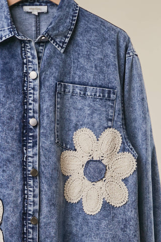 FLORAL PATCH DENIM SHIRT DRESS WITH LACE RUFFLE