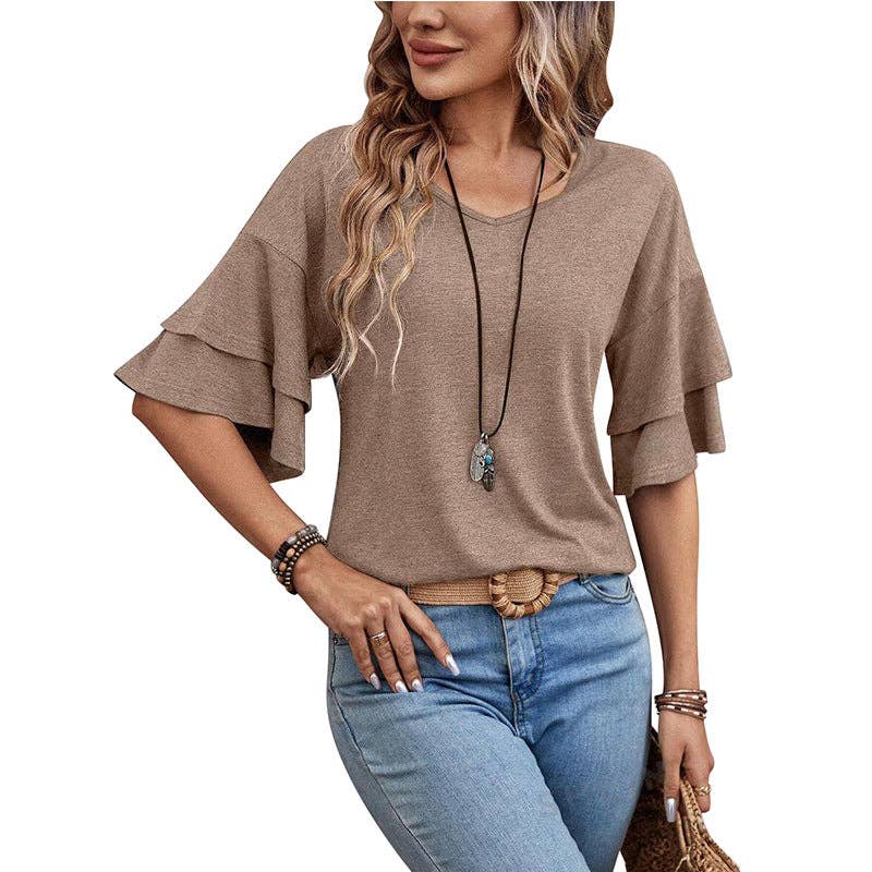 V-Neck Layered Sleeve Loose T-Shirt for Women