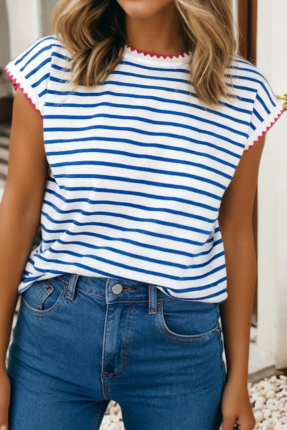 LDC Stripe Contrast Trim Round Neck Cap Sleeve Tee
