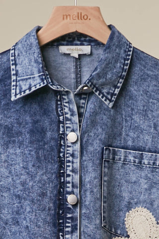 FLORAL PATCH DENIM SHIRT DRESS WITH LACE RUFFLE
