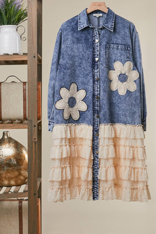 FLORAL PATCH DENIM SHIRT DRESS WITH LACE RUFFLE