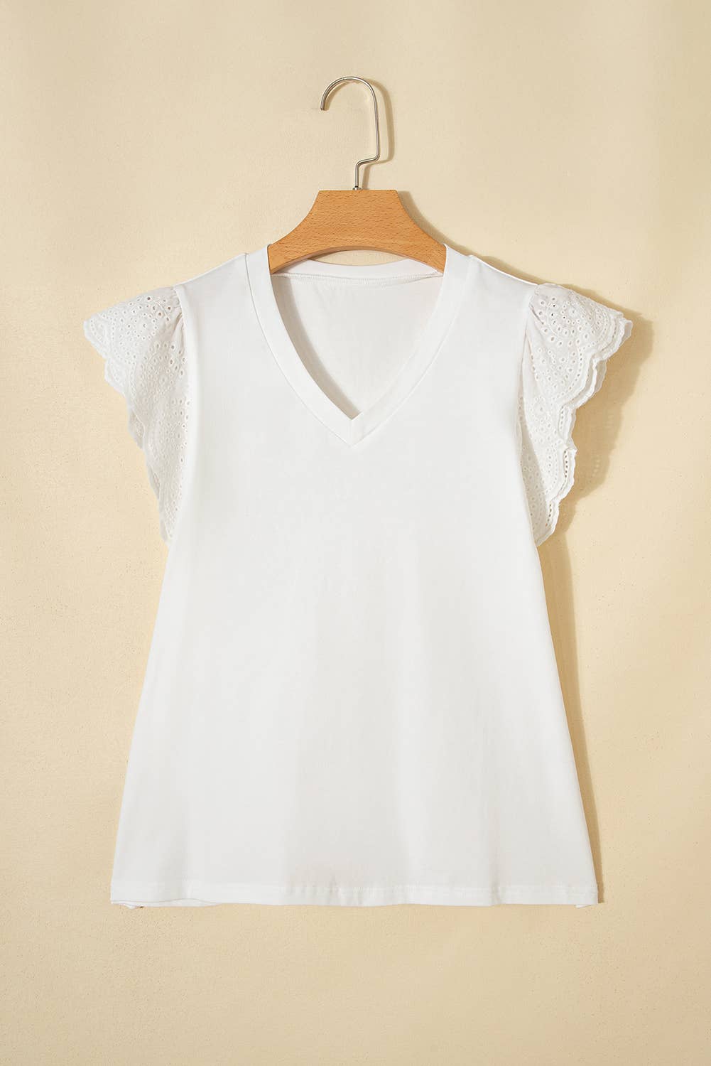 Eyelet Embroidered Flutter Sleeve Patchwork V Neck Tee|S-4X