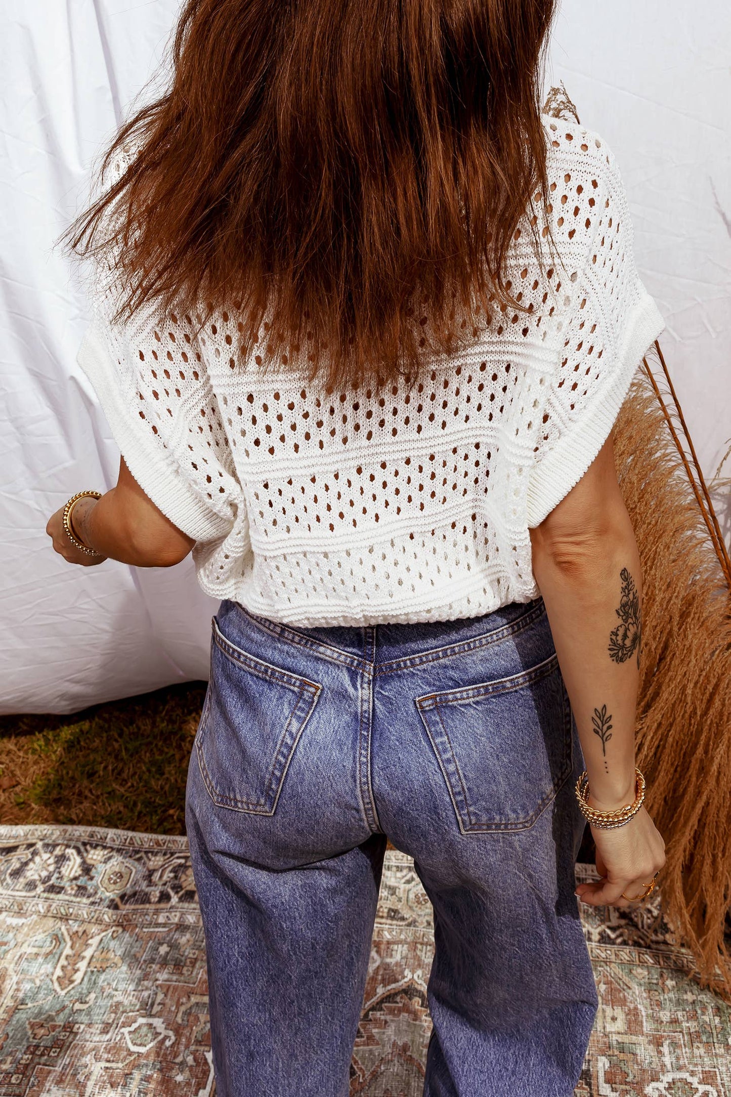 LDC Hollow Out Knit Round Neck Dolman Sweater Top