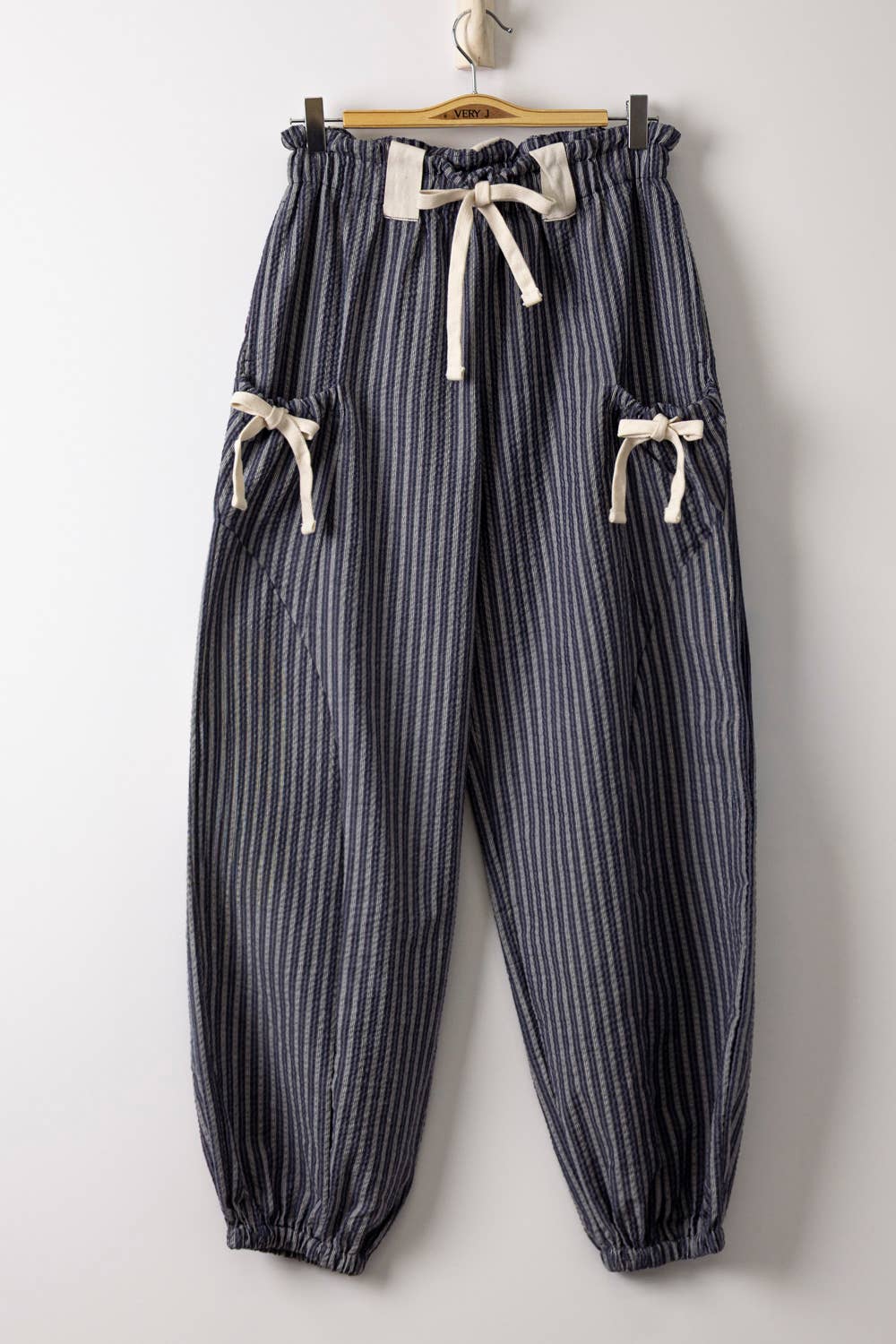 Bow Detail Stripe Textured Woven Pants