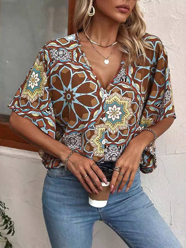 Batwing Sleeves Loose Buttoned Flower Print V-Neck Blouses&Shirts Tops