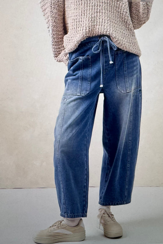 Washed Denim Barrel Pants