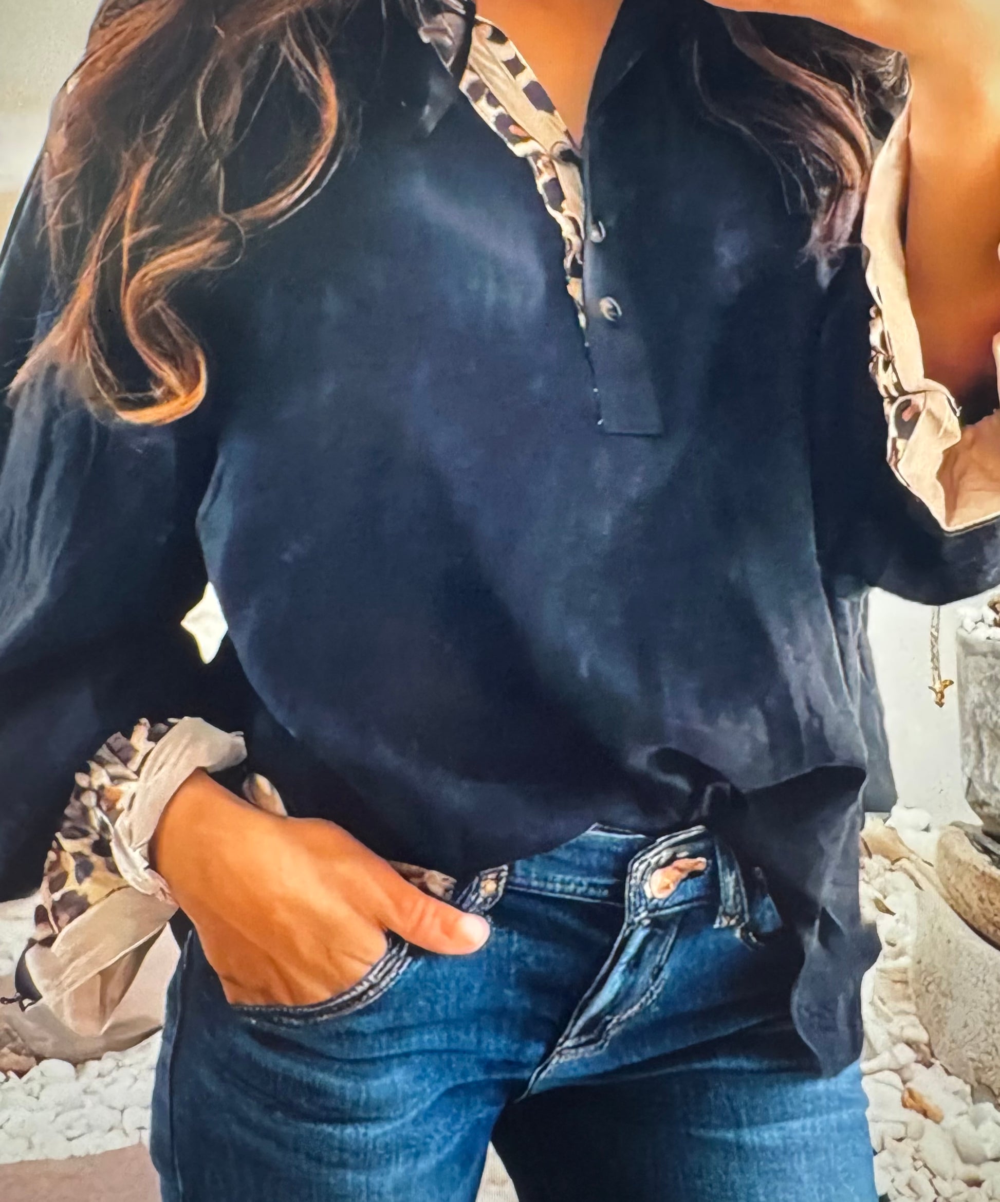 V neck blouse with leopard detail