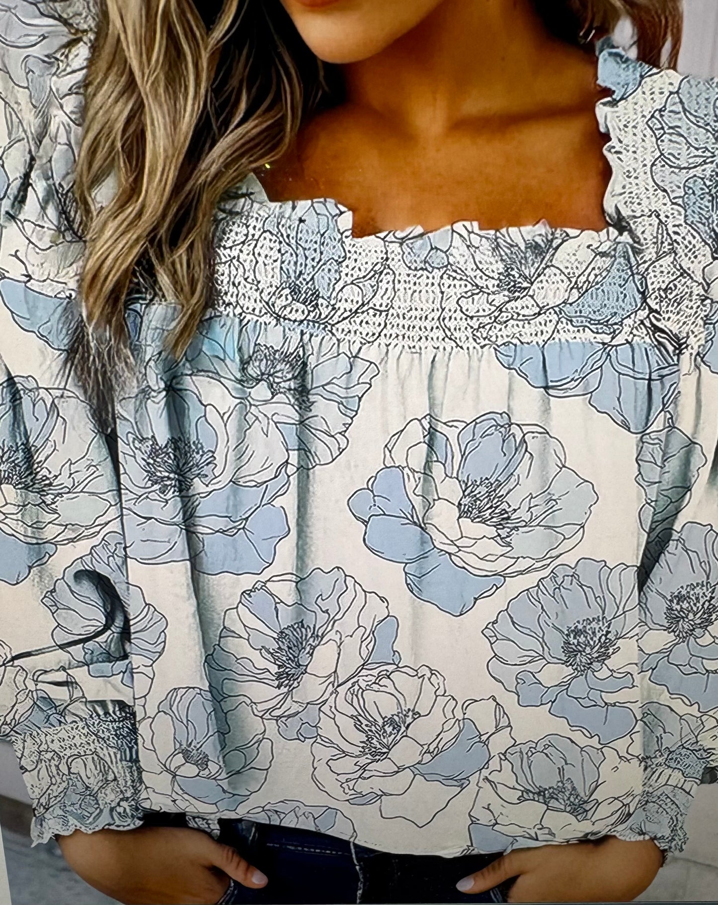 long sleeve smocked square neck blouse with blue and white flowers