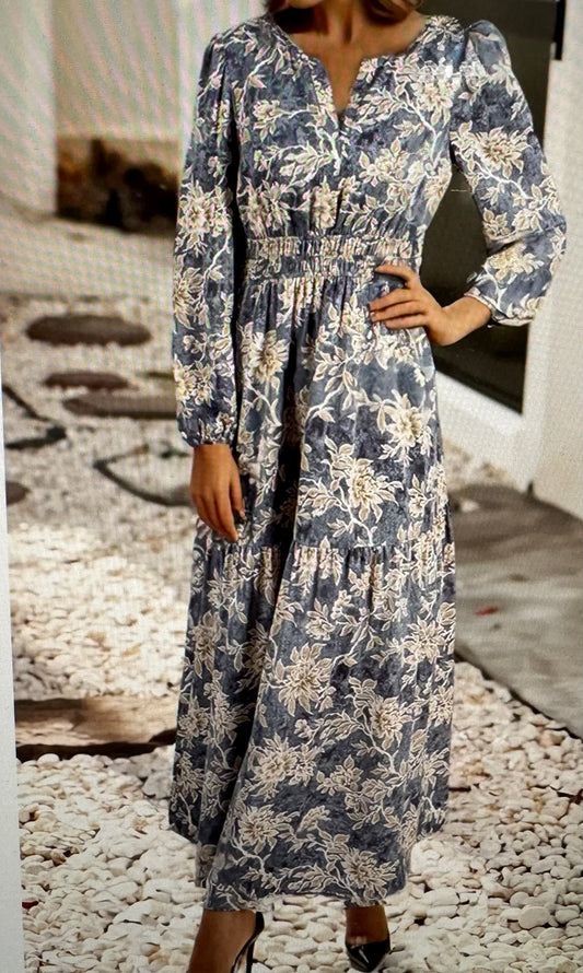Floral Print Smocked High Waist Maxi Dress