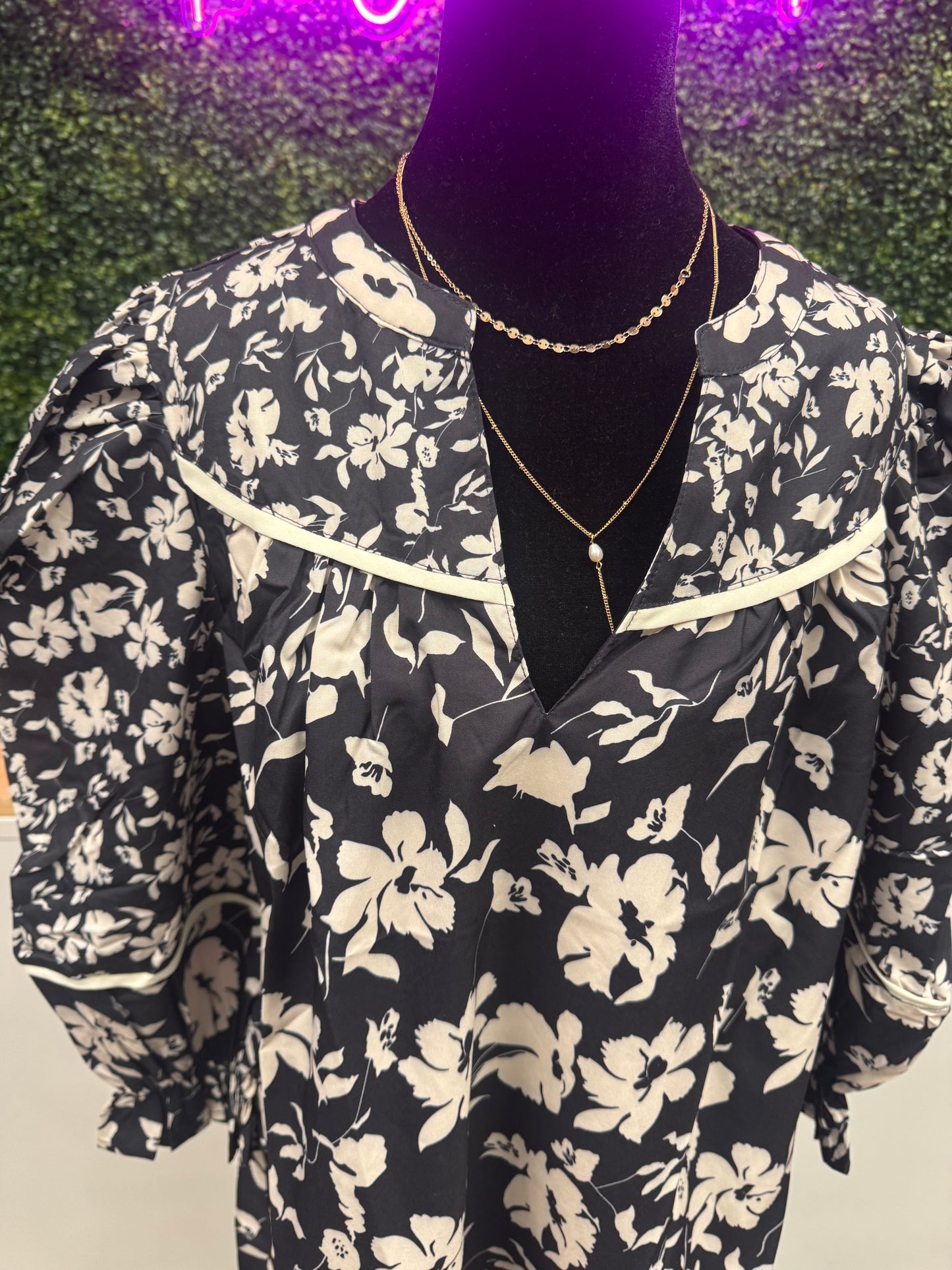 Black and white floral top with V Neck