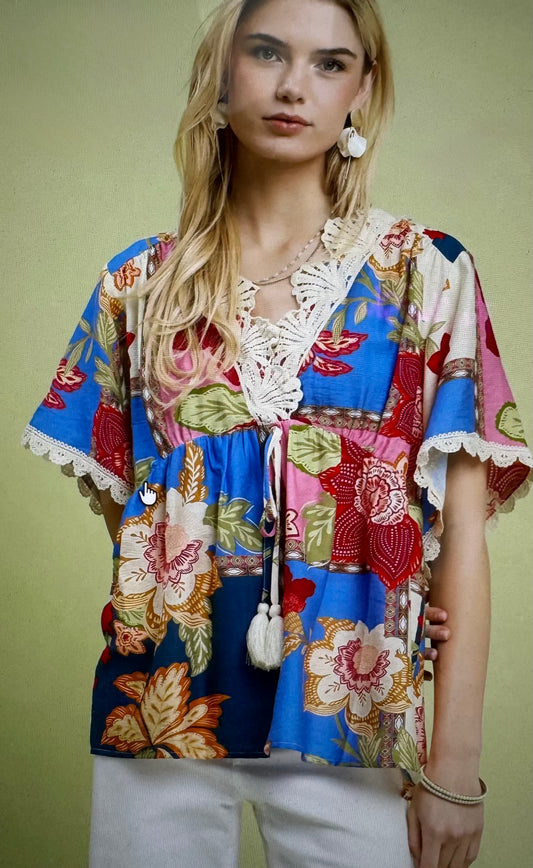 Umgee Blue Floral Mix Top
