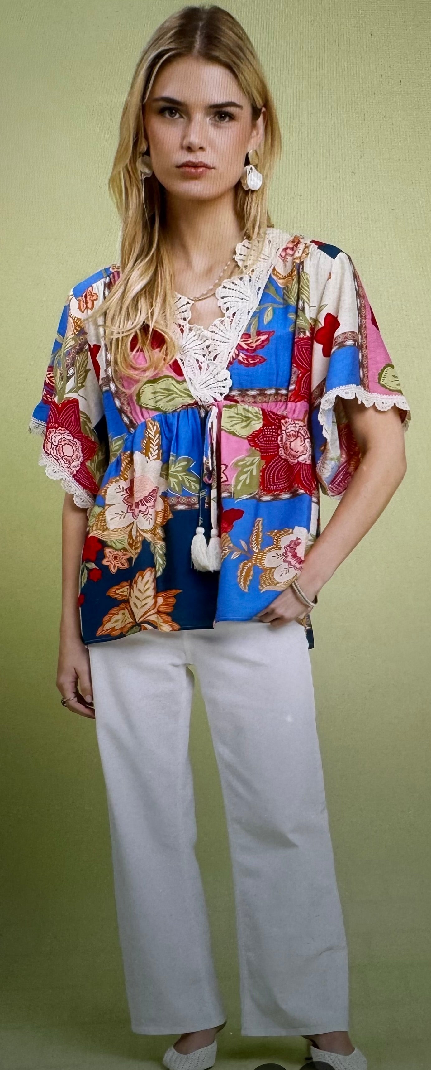 Umgee Blue Floral Mix Top