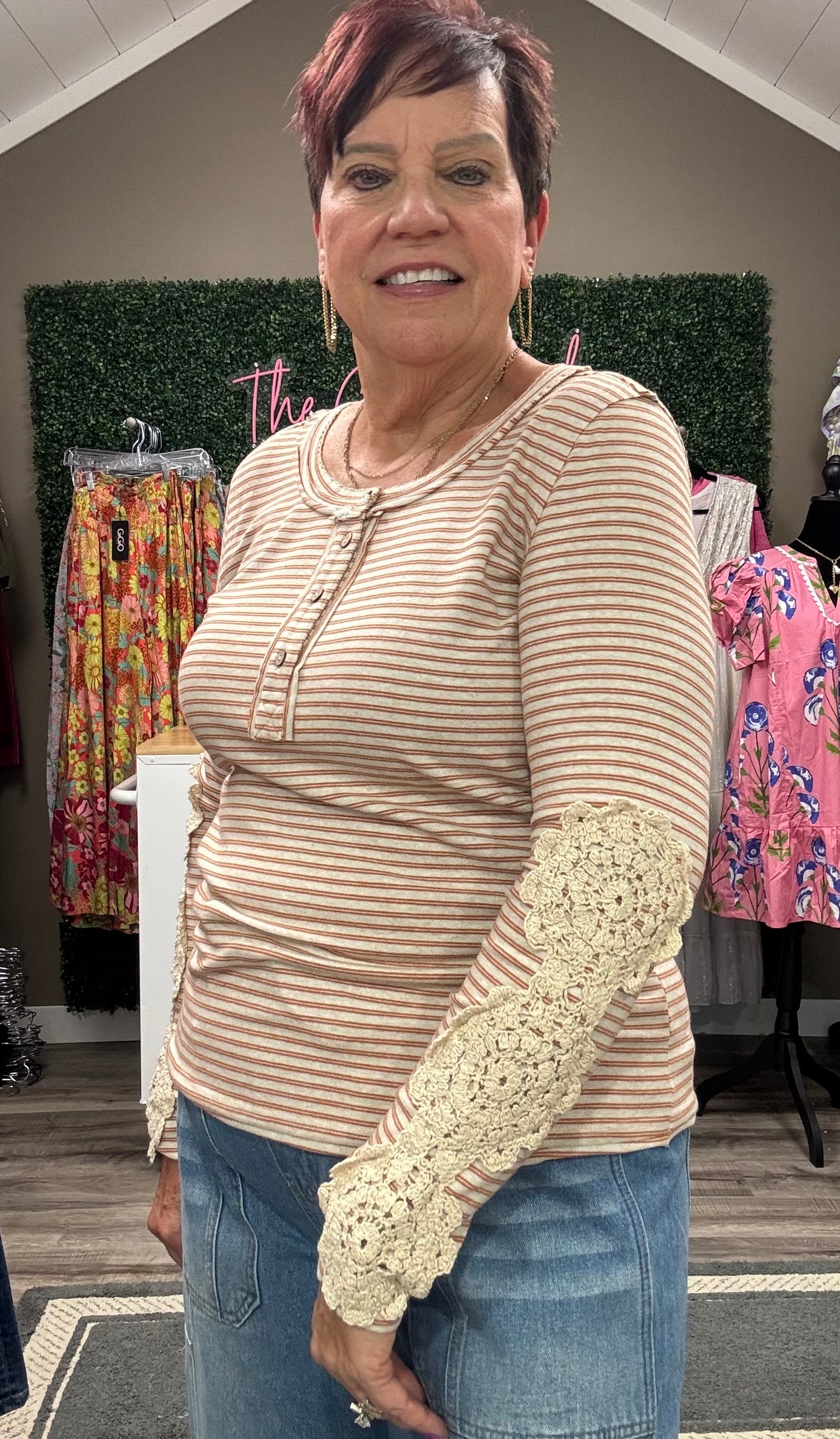 Patch Detailing Stripe Knit Henley Top