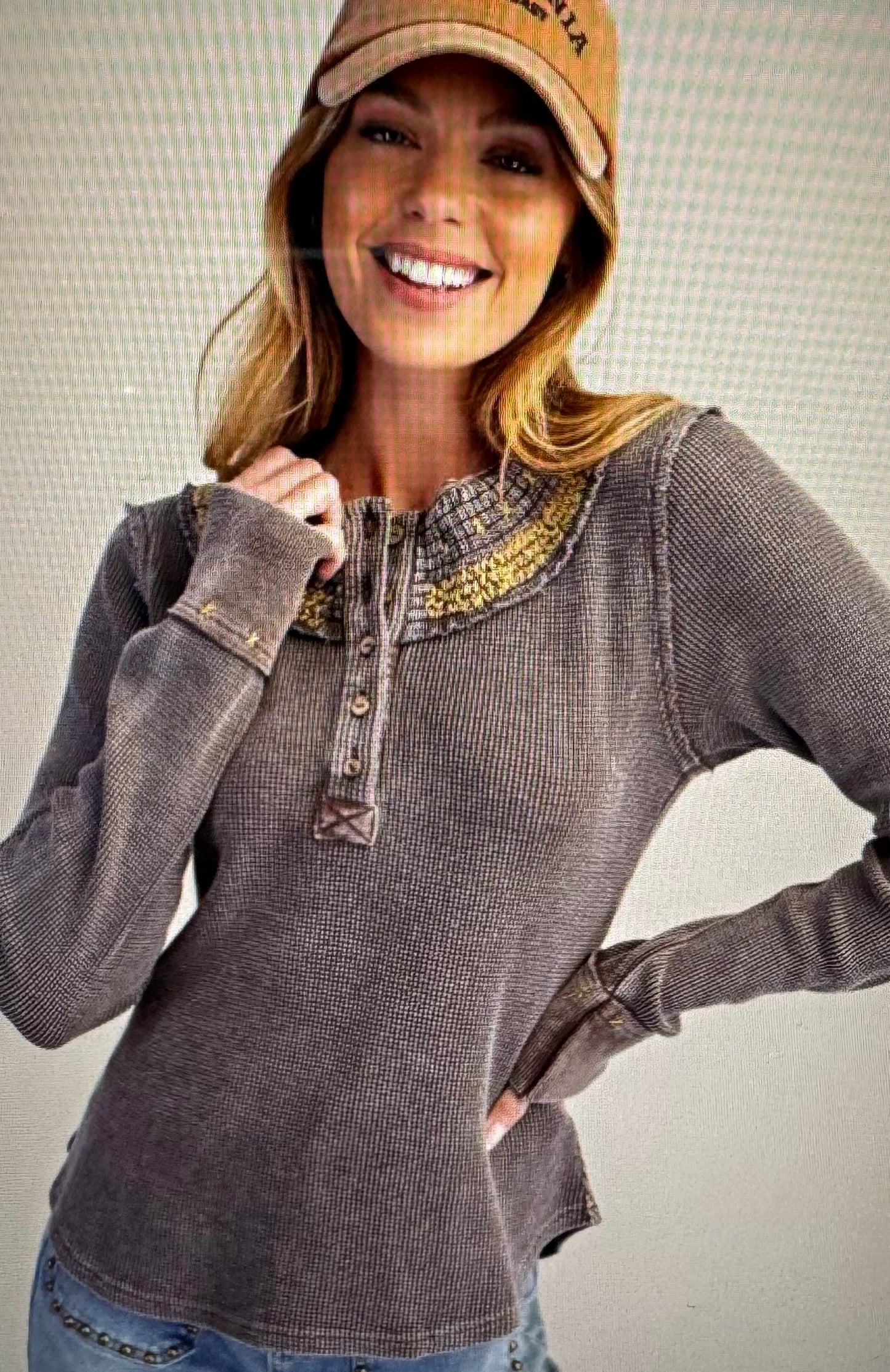 Embroidery Neck Detailing Washed Thermal Henley Top