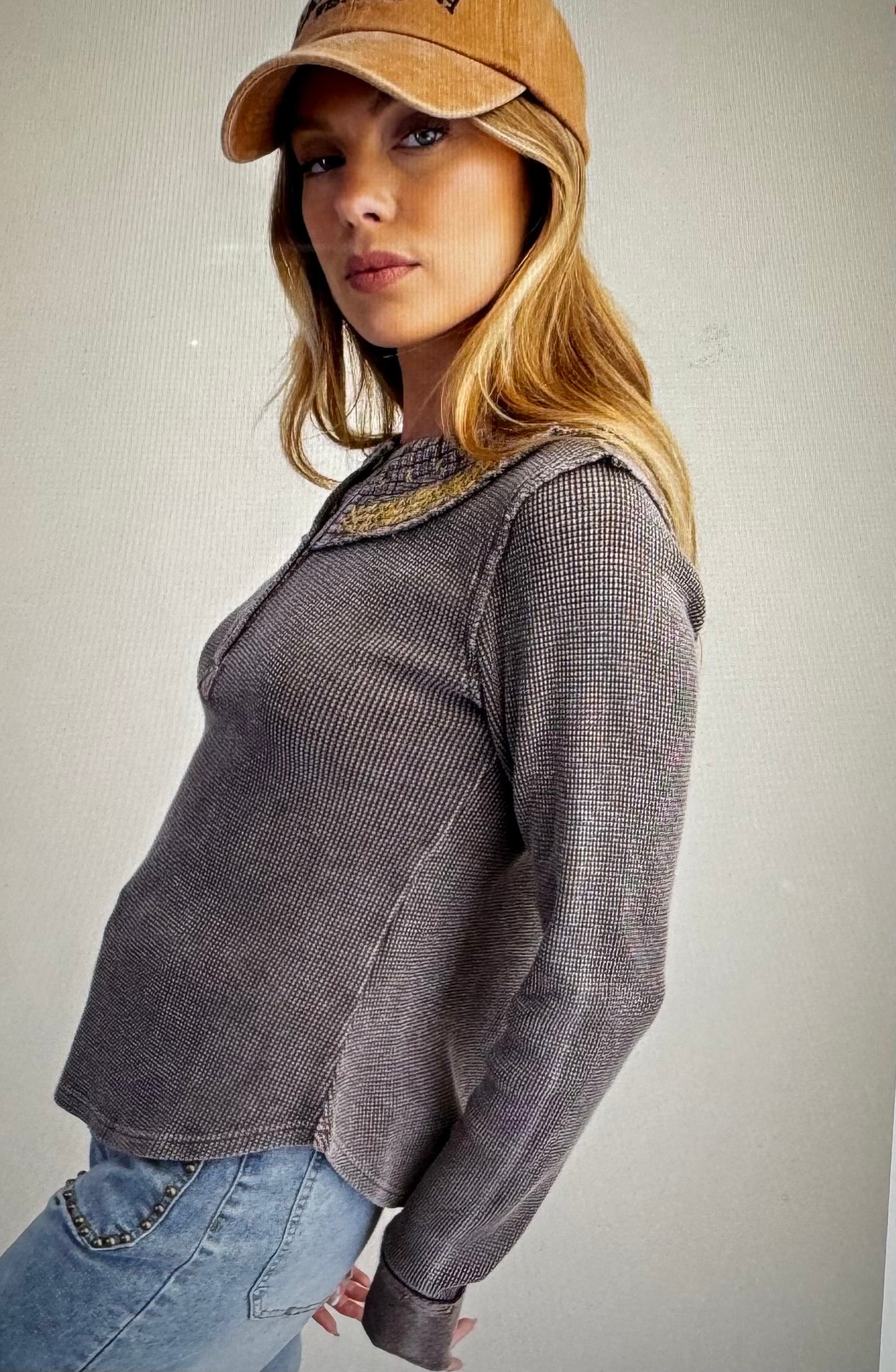 Embroidery Neck Detailing Washed Thermal Henley Top