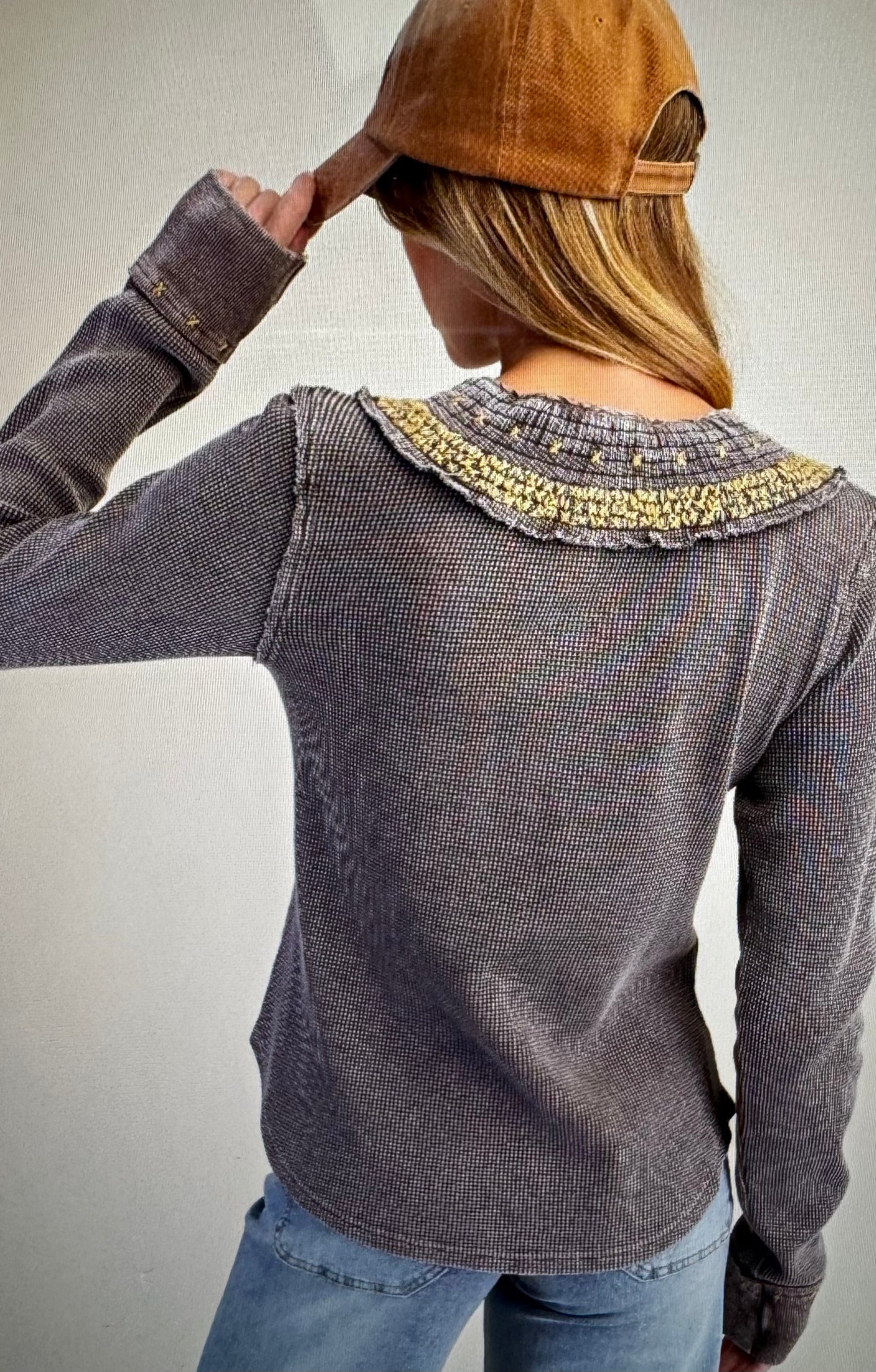 Embroidery Neck Detailing Washed Thermal Henley Top