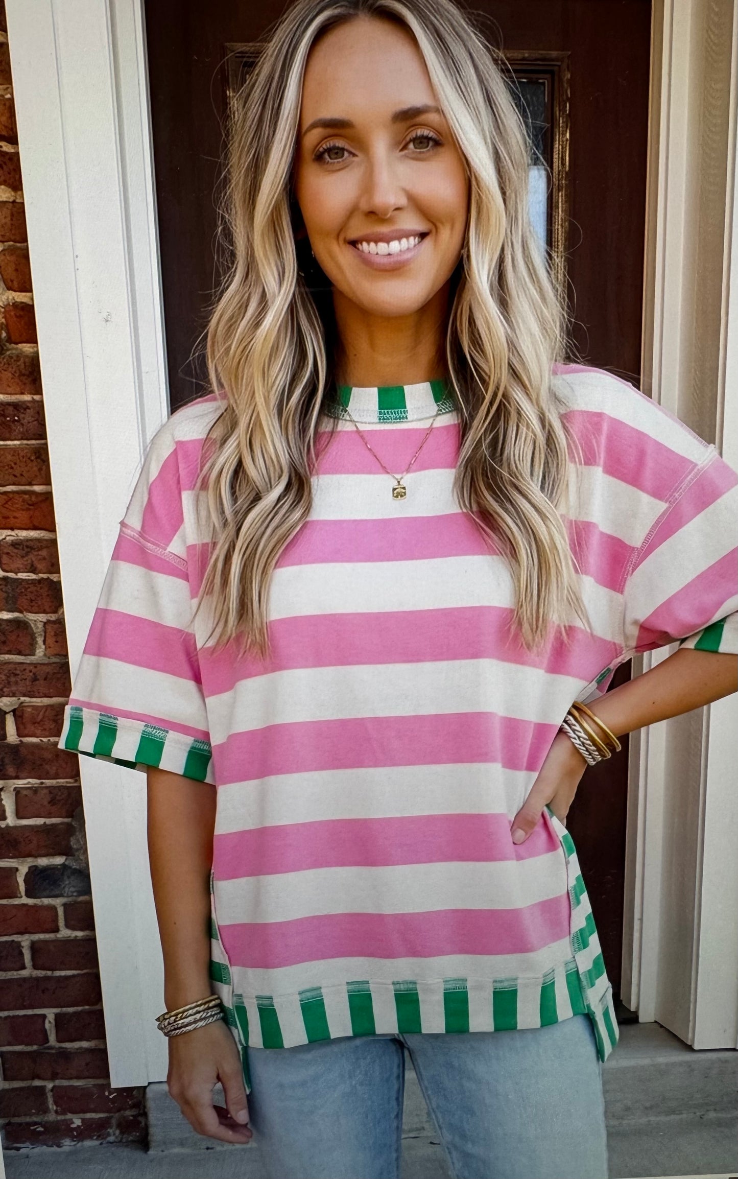 Pink and Green Striped Top