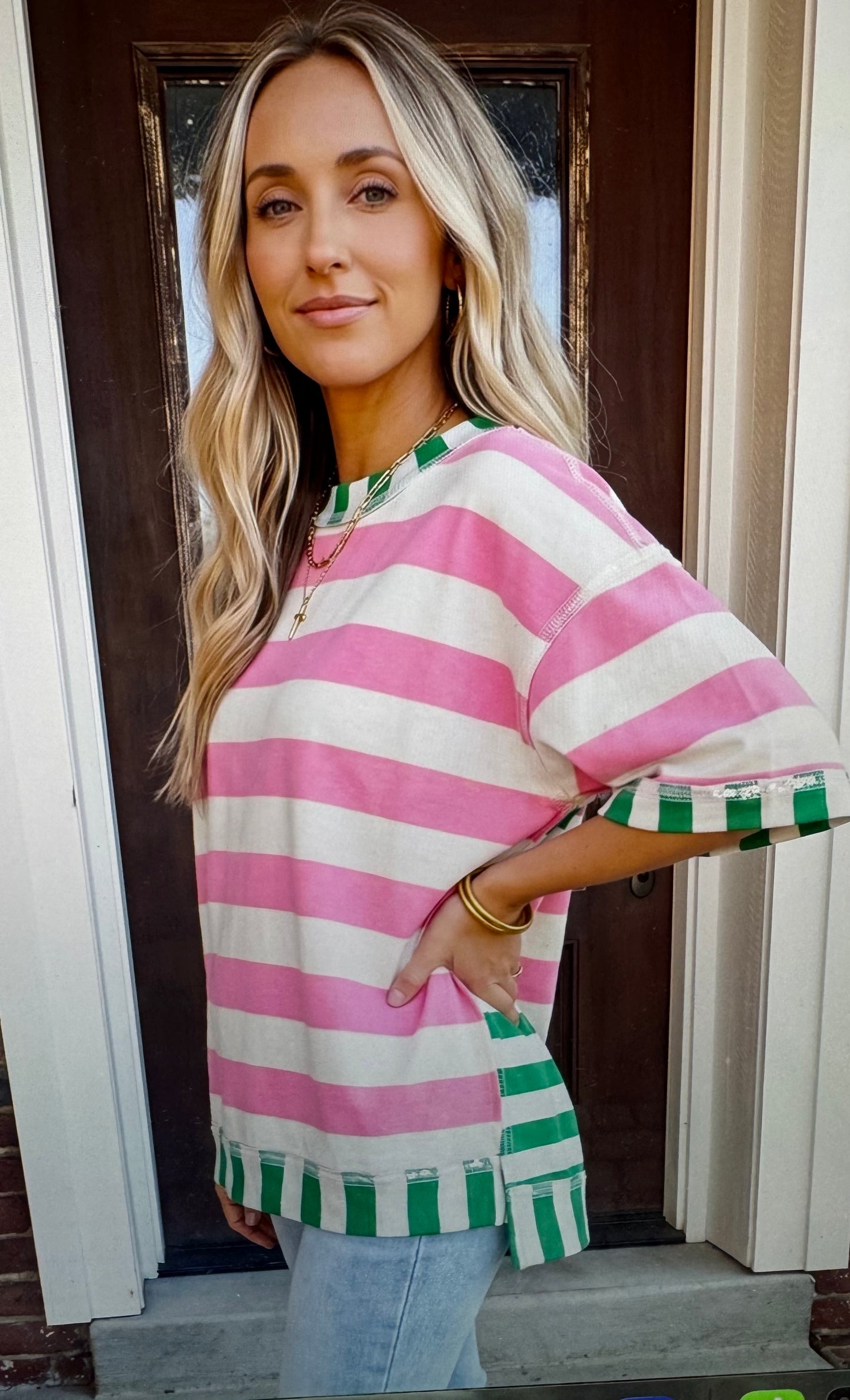 Pink and Green Striped Top