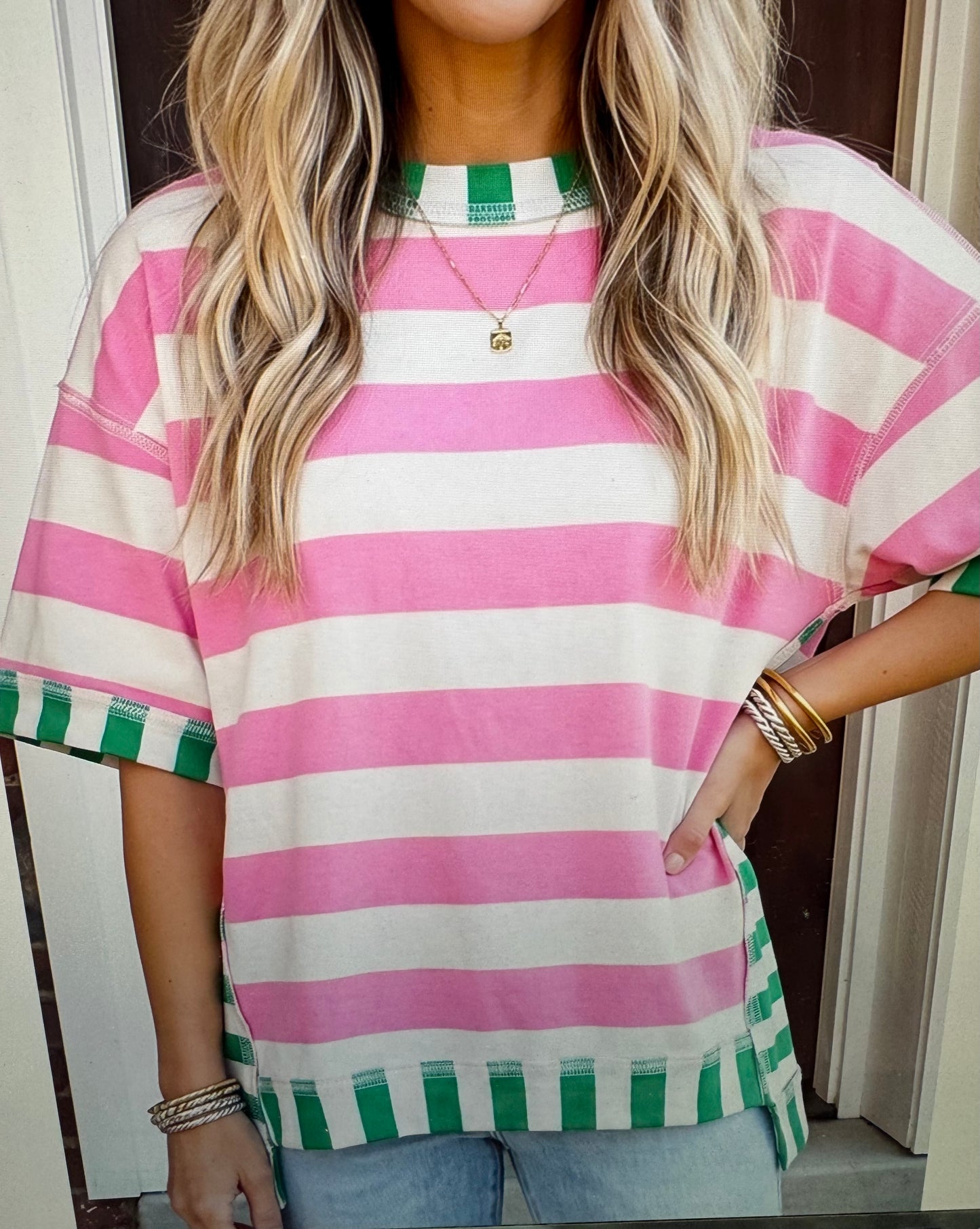 Pink and Green Striped Top