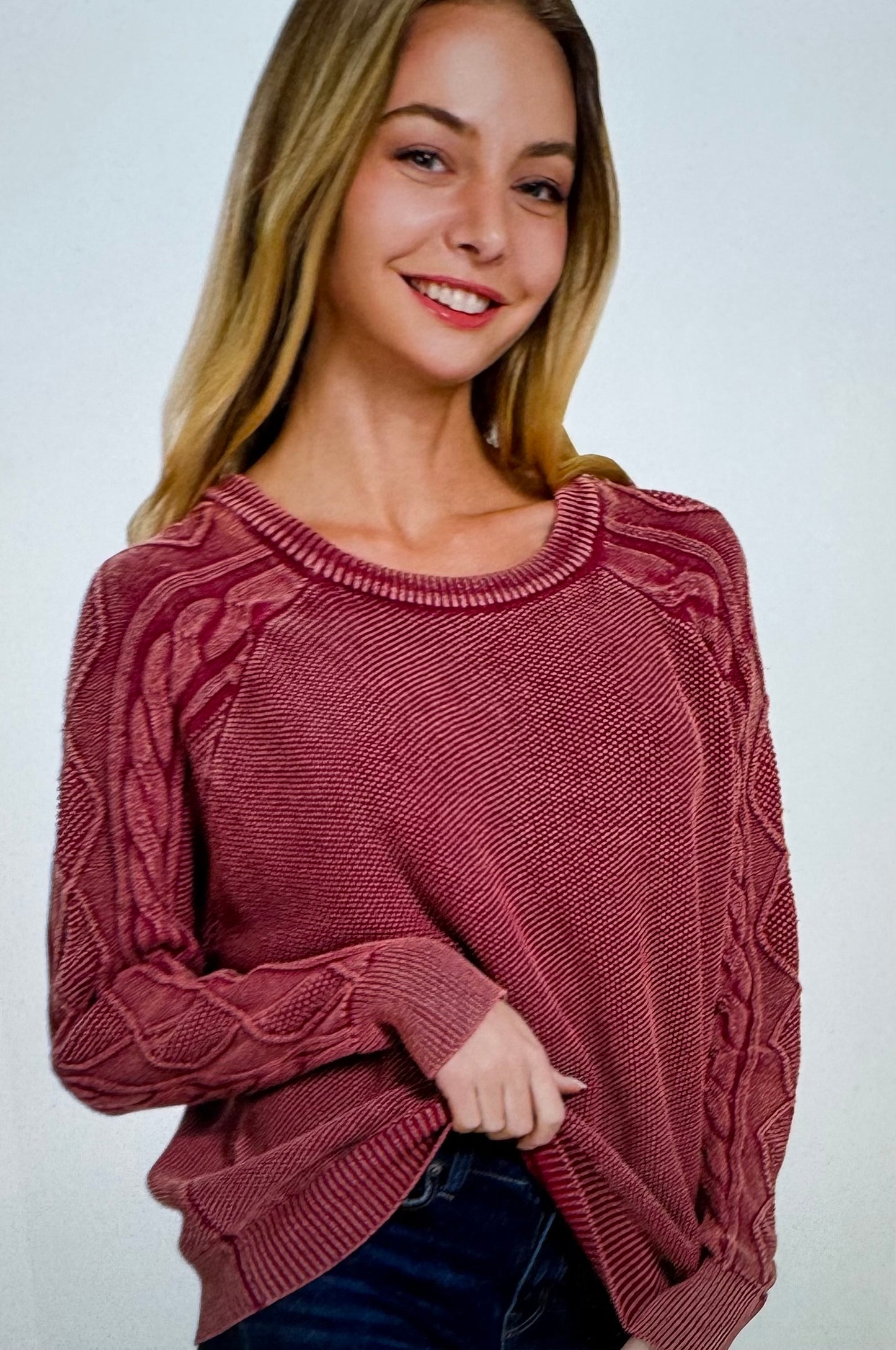 Stone Washed Cable Sleeve Crewneck Sweater