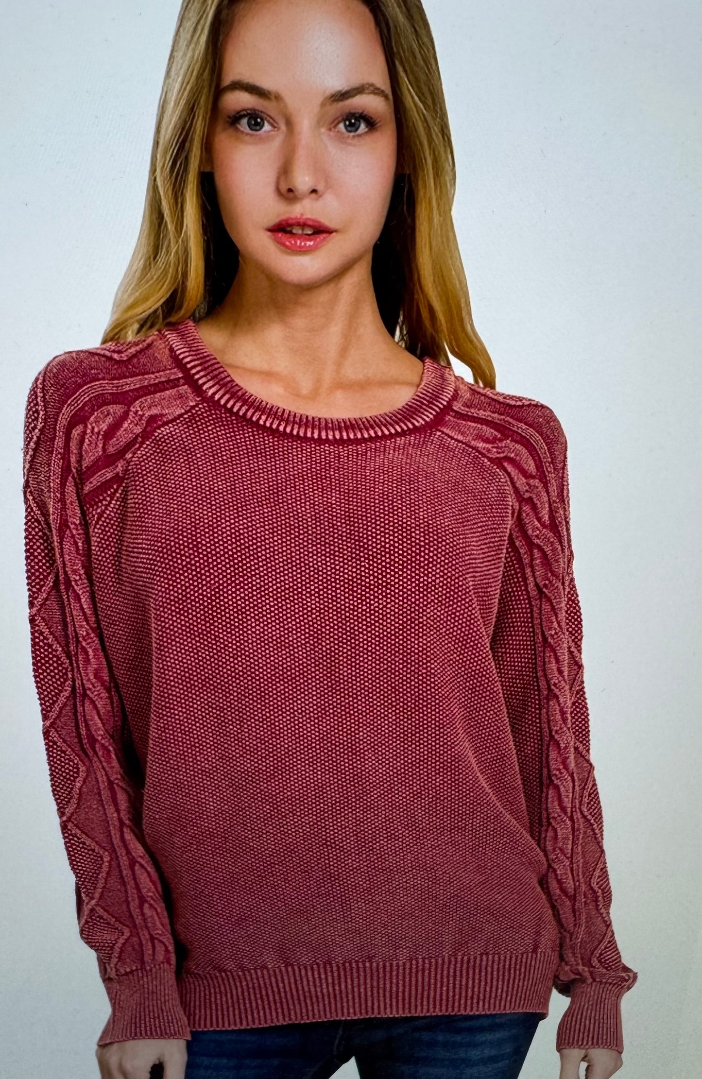 Stone Washed Cable Sleeve Crewneck Sweater