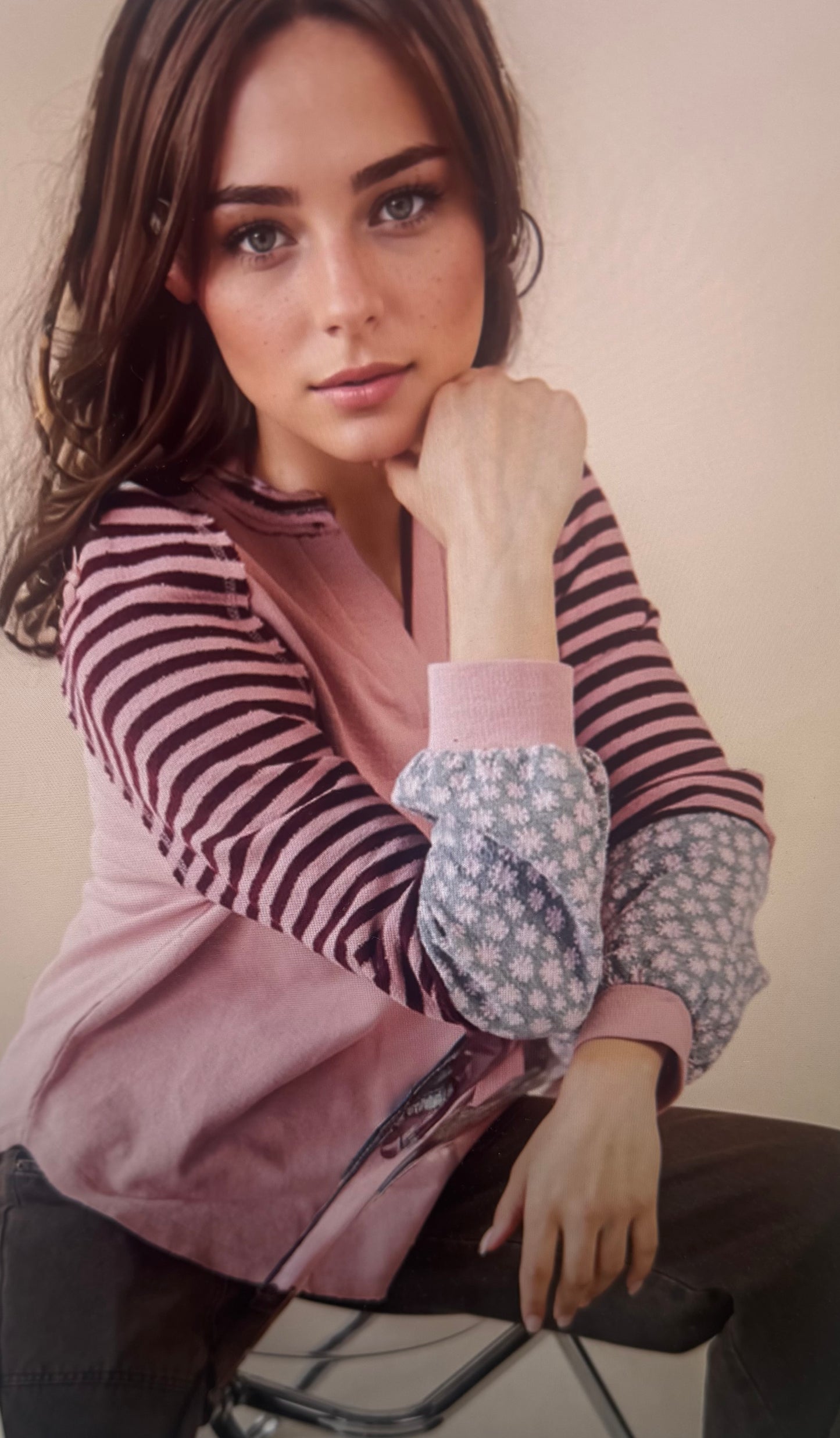 Oversized Floral & Stripe Casual Knit Top