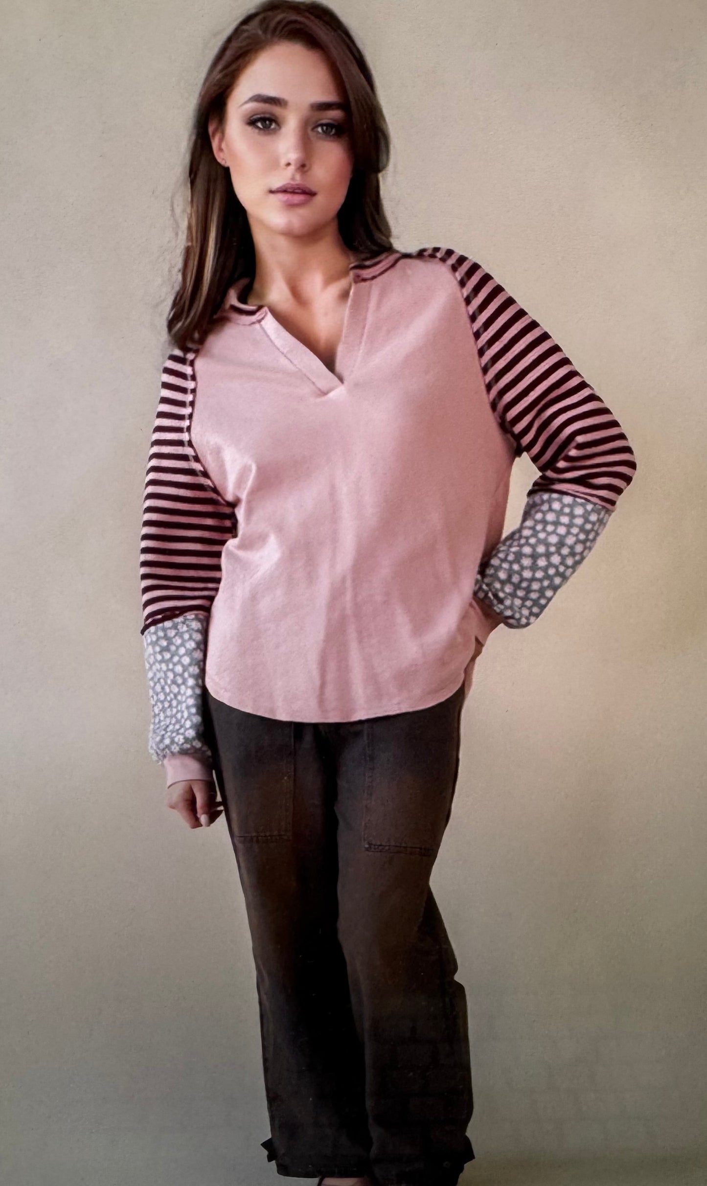 Oversized Floral & Stripe Casual Knit Top