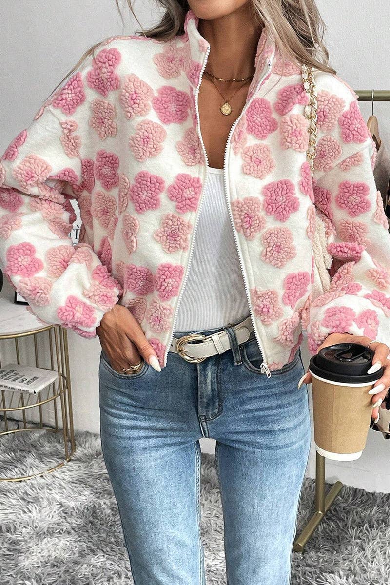 Chic Floral Pattern Zip-Up Jacket