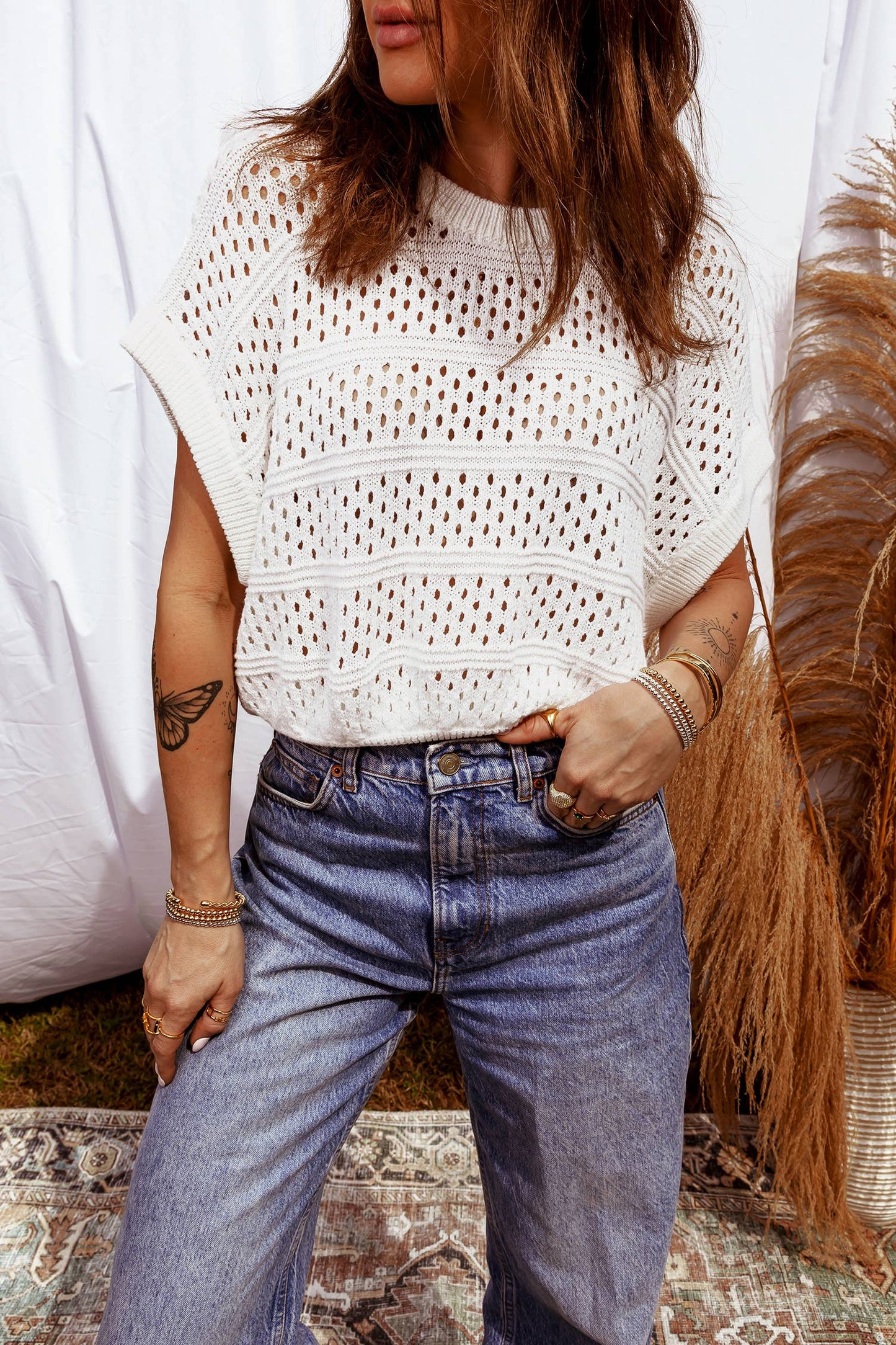 LDC Hollow Out Knit Round Neck Dolman Sweater Top