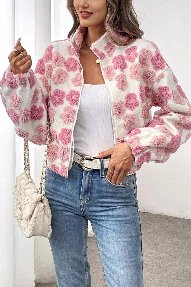 Chic Floral Pattern Zip-Up Jacket