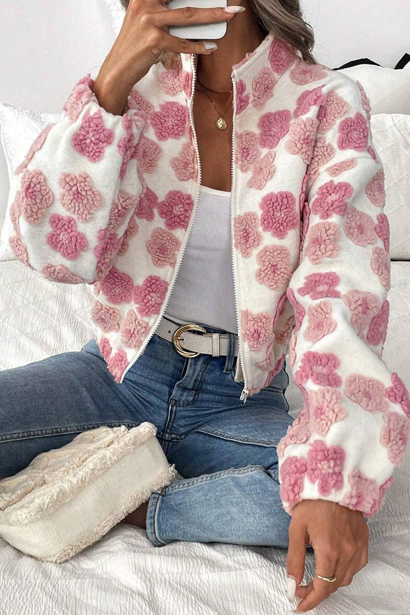 Chic Floral Pattern Zip-Up Jacket