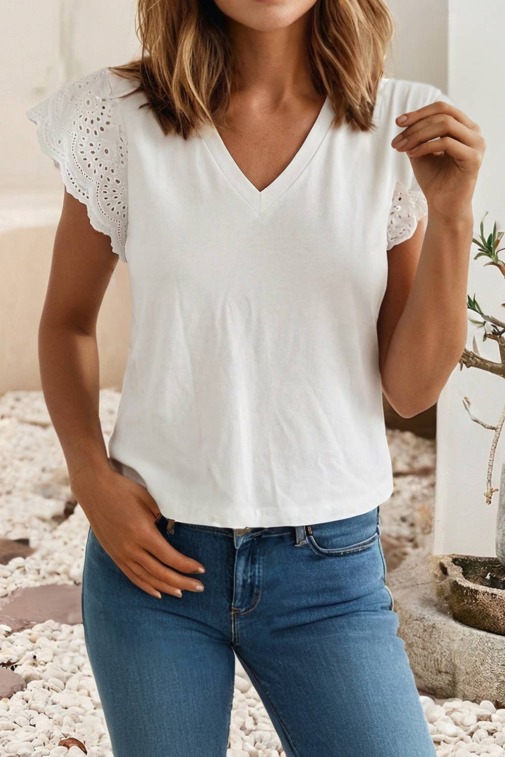 Eyelet Embroidered Flutter Sleeve Patchwork V Neck Tee|S-4X