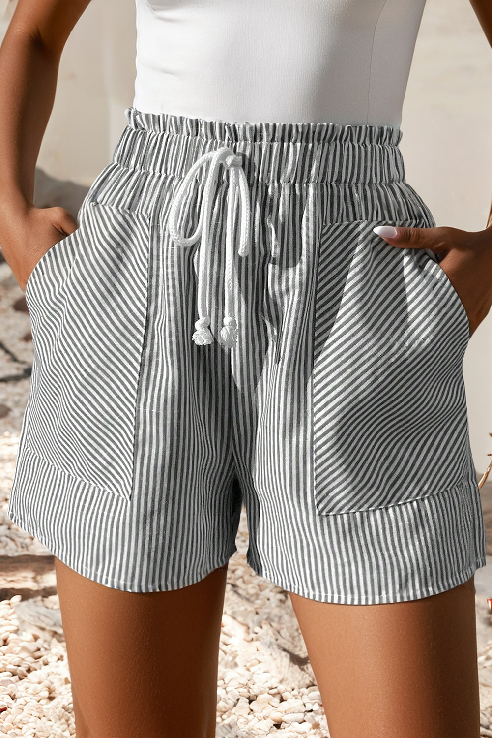LDC Striped Lace-up Elastic Waist Casual Pocketed Shorts