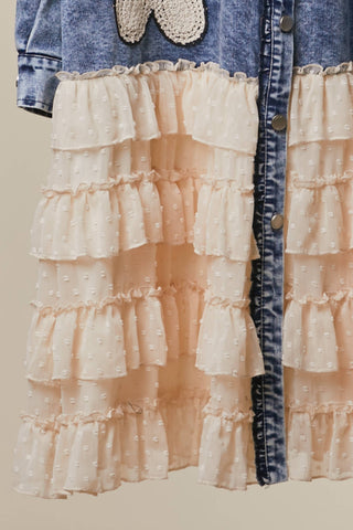 FLORAL PATCH DENIM SHIRT DRESS WITH LACE RUFFLE