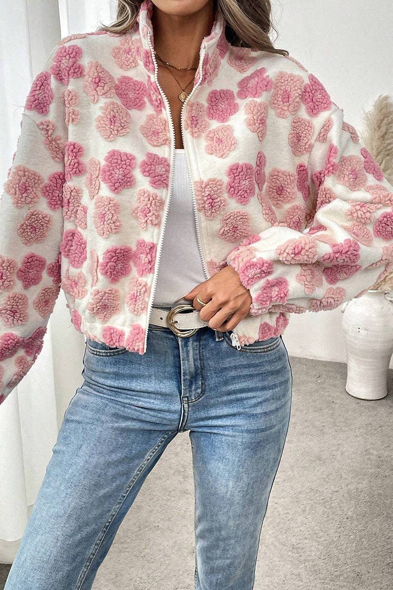 Chic Floral Pattern Zip-Up Jacket