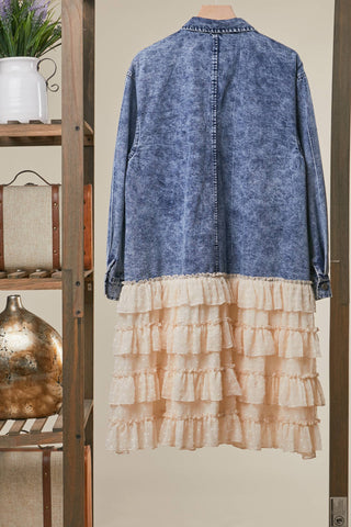 FLORAL PATCH DENIM SHIRT DRESS WITH LACE RUFFLE